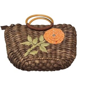 Rolfs Woven Straw Mini Purse Orange Flower‎ Embellishment Bamboo Handle Vacation